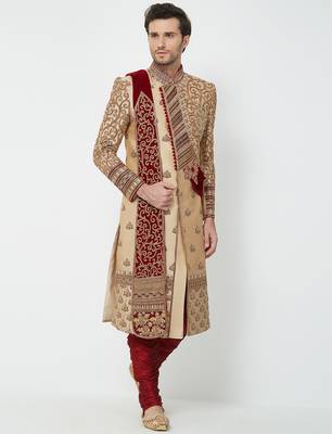 Gold silk blend straight embroidery with handwork sherwani for men's 4