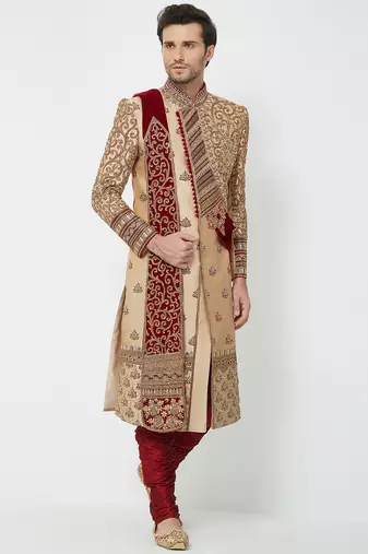 Gold silk straight embroidery with handwork sherwani for men's