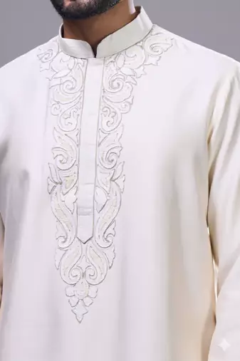 Cream silk straight embroidery cream silk embroidery floral work kurta set