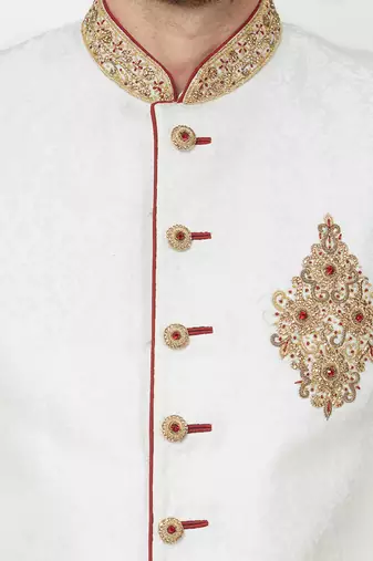 Cream art silk straight handwork sherwani for men's