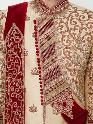 Gold silk blend straight embroidery with handwork sherwani for men's 5