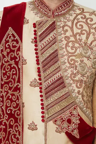 Gold silk straight embroidery with handwork sherwani for men's