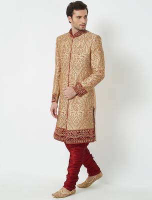 Gold Art silk straight embroidery with handwork sherwani for men's 5