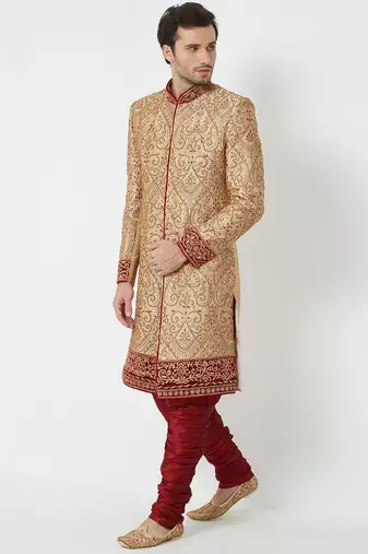 Gold art silk straight embroidery with handwork sherwani for men's
