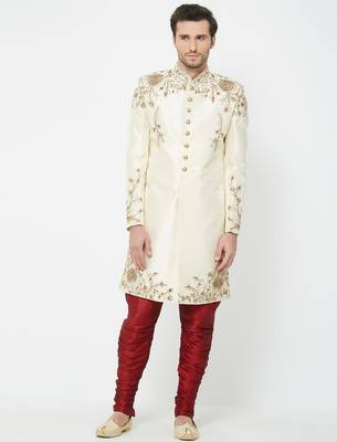 Fawn Art silk straight embroidery with handwork sherwani for men's 1