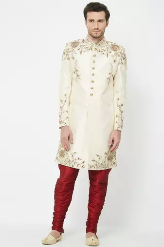 Fawn art silk straight embroidery with handwork sherwani for men's