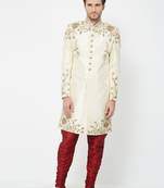 Fawn art silk straight embroidery with handwork sherwani for men's