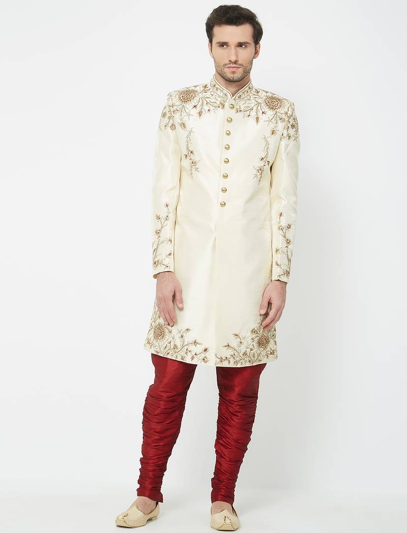 Fawn art silk straight embroidery with handwork sherwani for men's