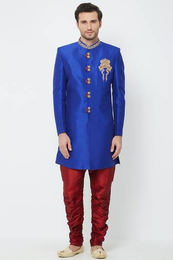 Blue art silk straight handwork sherwani for men's