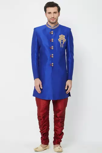 Blue art silk straight handwork sherwani for men's