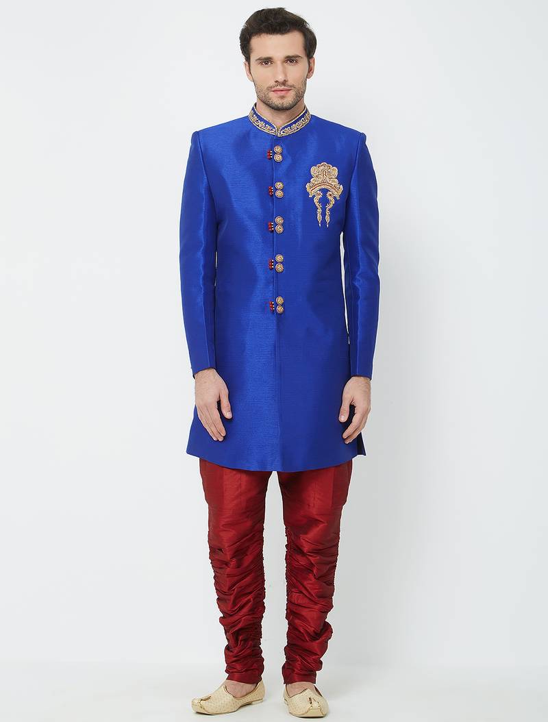 Blue art silk straight handwork sherwani for men's