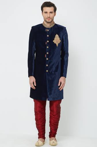 Navy blue velvet straight handwork sherwani for men's