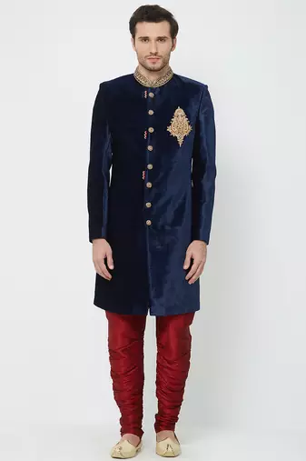 Navy blue velvet straight handwork sherwani for men's