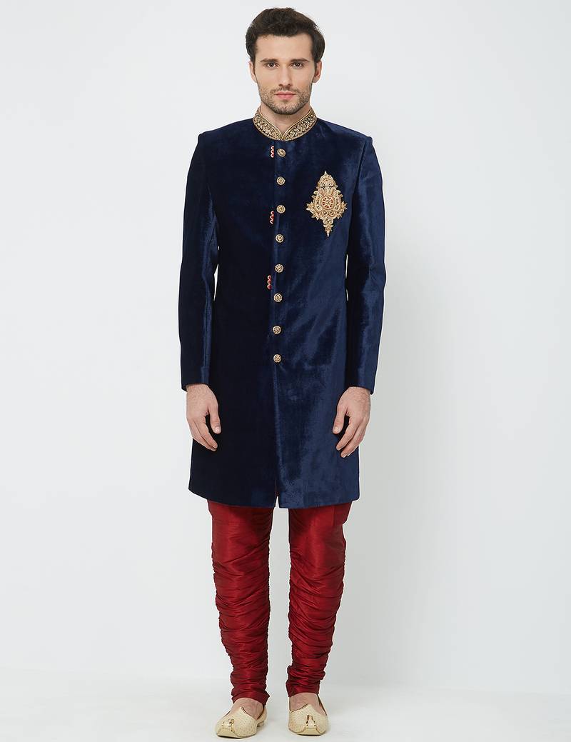 Navy blue velvet straight handwork sherwani for men's