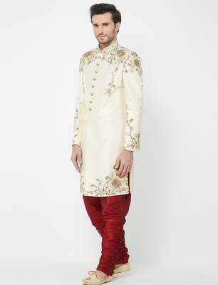 Fawn Art silk straight embroidery with handwork sherwani for men's 2