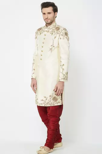 Fawn art silk straight embroidery with handwork sherwani for men's