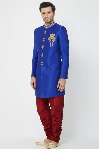 Blue art silk straight handwork sherwani for men's