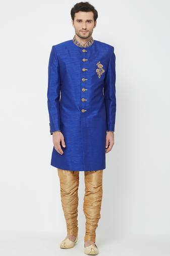 Blue art silk straight handwork sherwani for men's