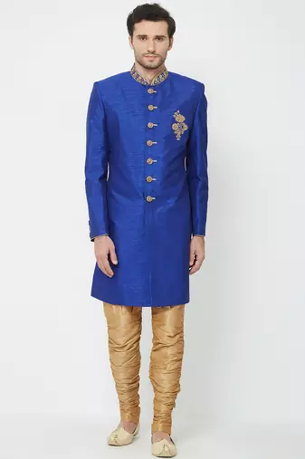 Blue art silk straight handwork sherwani for men's