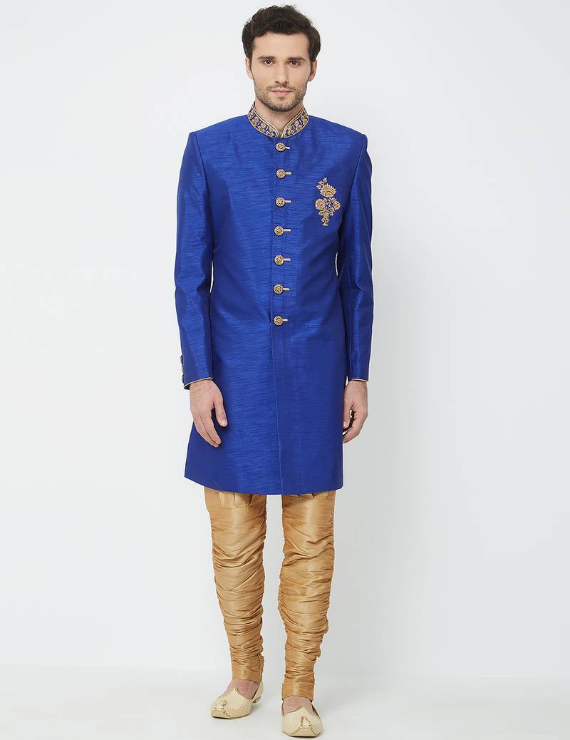 Blue art silk straight handwork sherwani for men's