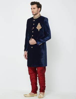 Navy blue velvet straight handwork sherwani for men's 2
