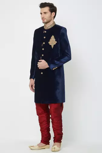 Navy blue velvet straight handwork sherwani for men's