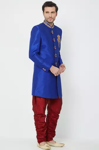 Blue art silk straight handwork sherwani for men's