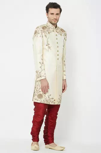 Fawn art silk straight embroidery with handwork sherwani for men's