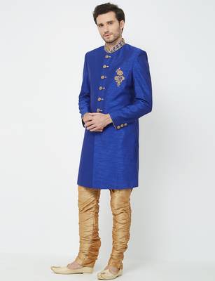 Blue art silk straight handwork sherwani for men's 2