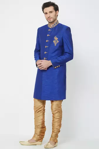 Blue art silk straight handwork sherwani for men's