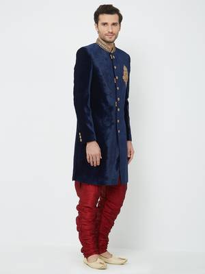 Navy blue velvet straight handwork sherwani for men's 3