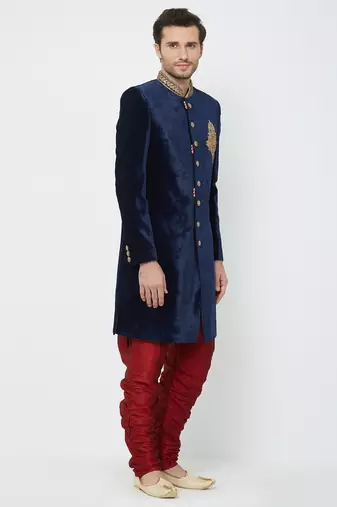 Navy blue velvet straight handwork sherwani for men's