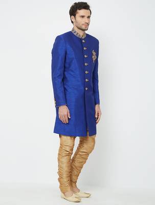 Blue art silk straight handwork sherwani for men's 3