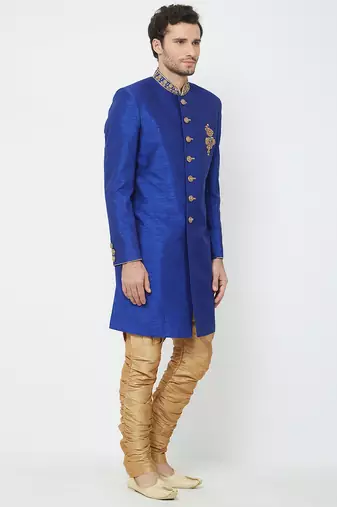 Blue art silk straight handwork sherwani for men's