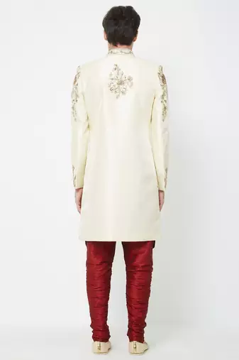 Fawn art silk straight embroidery with handwork sherwani for men's