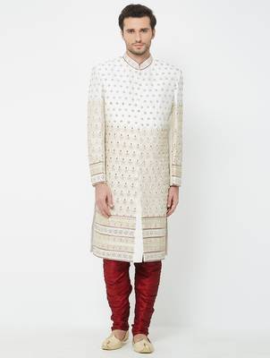 Cream Art silk straight handwork sherwani for men's 1
