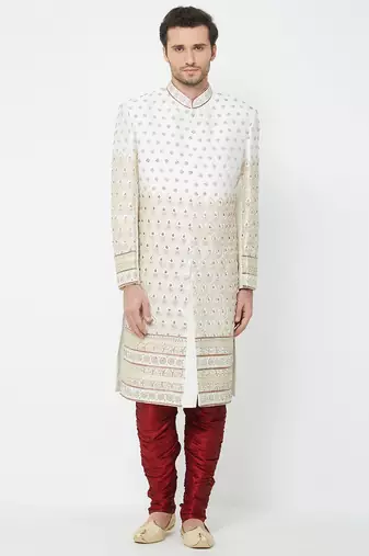 Cream art silk straight handwork sherwani for men's