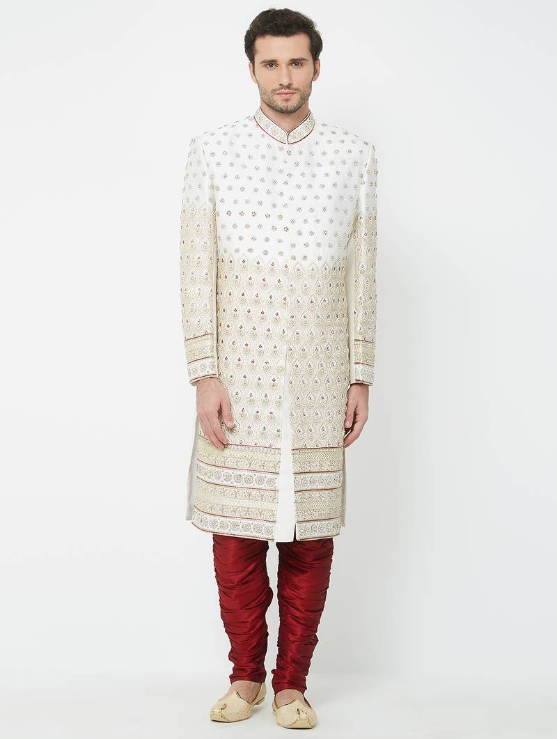 Cream art silk straight handwork sherwani for men's