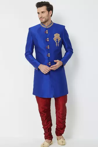 Blue art silk straight handwork sherwani for men's