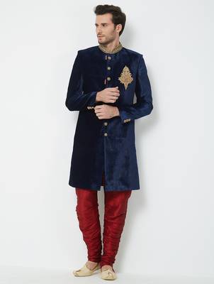 Navy blue velvet straight handwork sherwani for men's 4