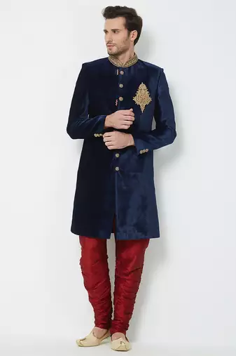 Navy blue velvet straight handwork sherwani for men's