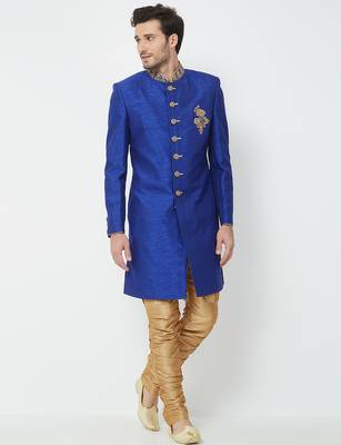 Blue art silk straight handwork sherwani for men's 4