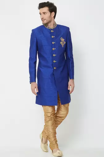 Blue art silk straight handwork sherwani for men's