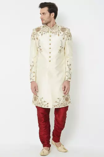 Fawn art silk straight embroidery with handwork sherwani for men's