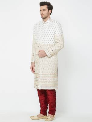 Cream Art silk straight handwork sherwani for men's 2