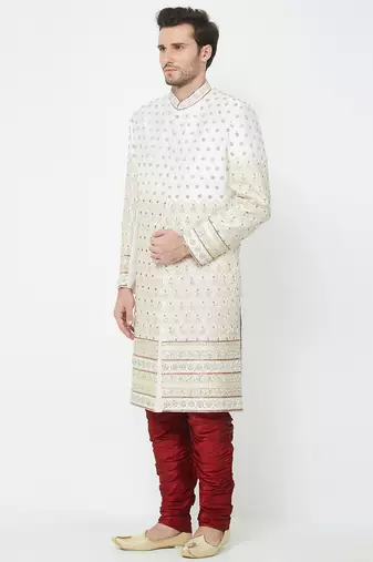 Cream art silk straight handwork sherwani for men's