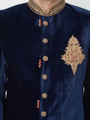 Navy blue velvet straight handwork sherwani for men's 5