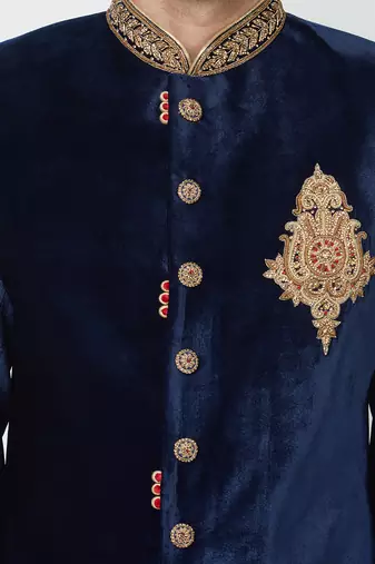 Navy blue velvet straight handwork sherwani for men's