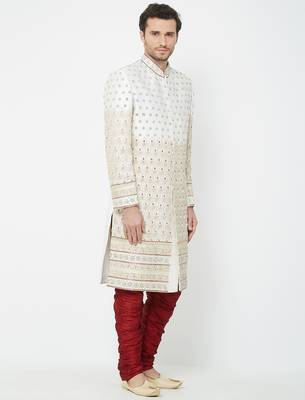 Cream Art silk straight handwork sherwani for men's 3