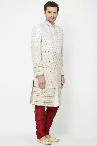 Cream art silk straight handwork sherwani for men's